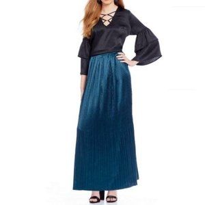 Skies Are Blue Bohemian Lightweight Pleated Maxi Teal Long Satin Skirt Small 4 6